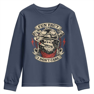 Fun Fact I Dont Care Youth Sweatshirt Funny Smoking Gorilla Sarcastic TS11 Navy Print Your Wear