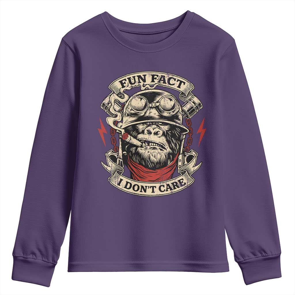 Fun Fact I Dont Care Youth Sweatshirt Funny Smoking Gorilla Sarcastic TS11 Purple Print Your Wear
