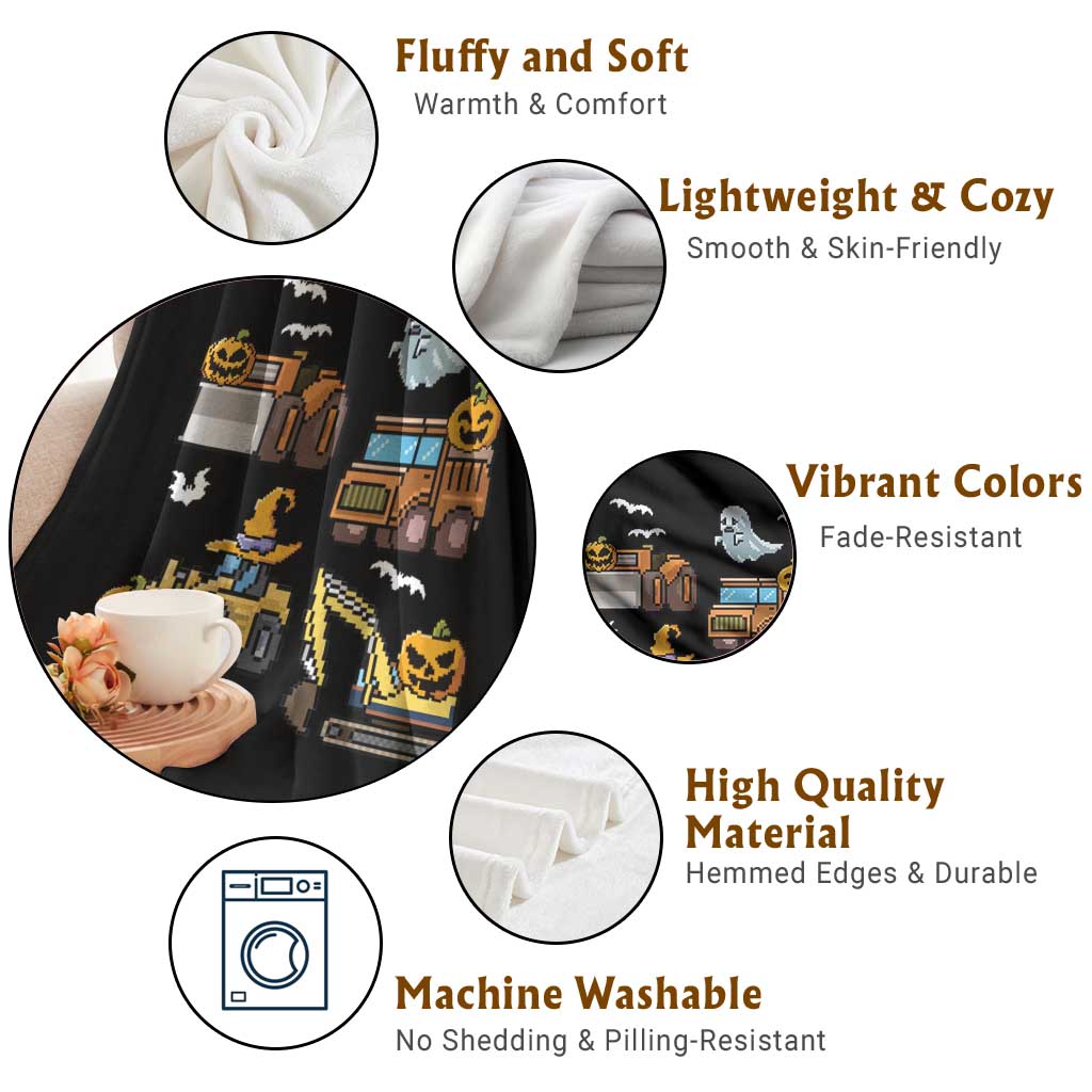 Funny Halloween Throw Blanket Spooky Construction Trucks Pumpkin Ghost Pixel TS11 Print Your Wear