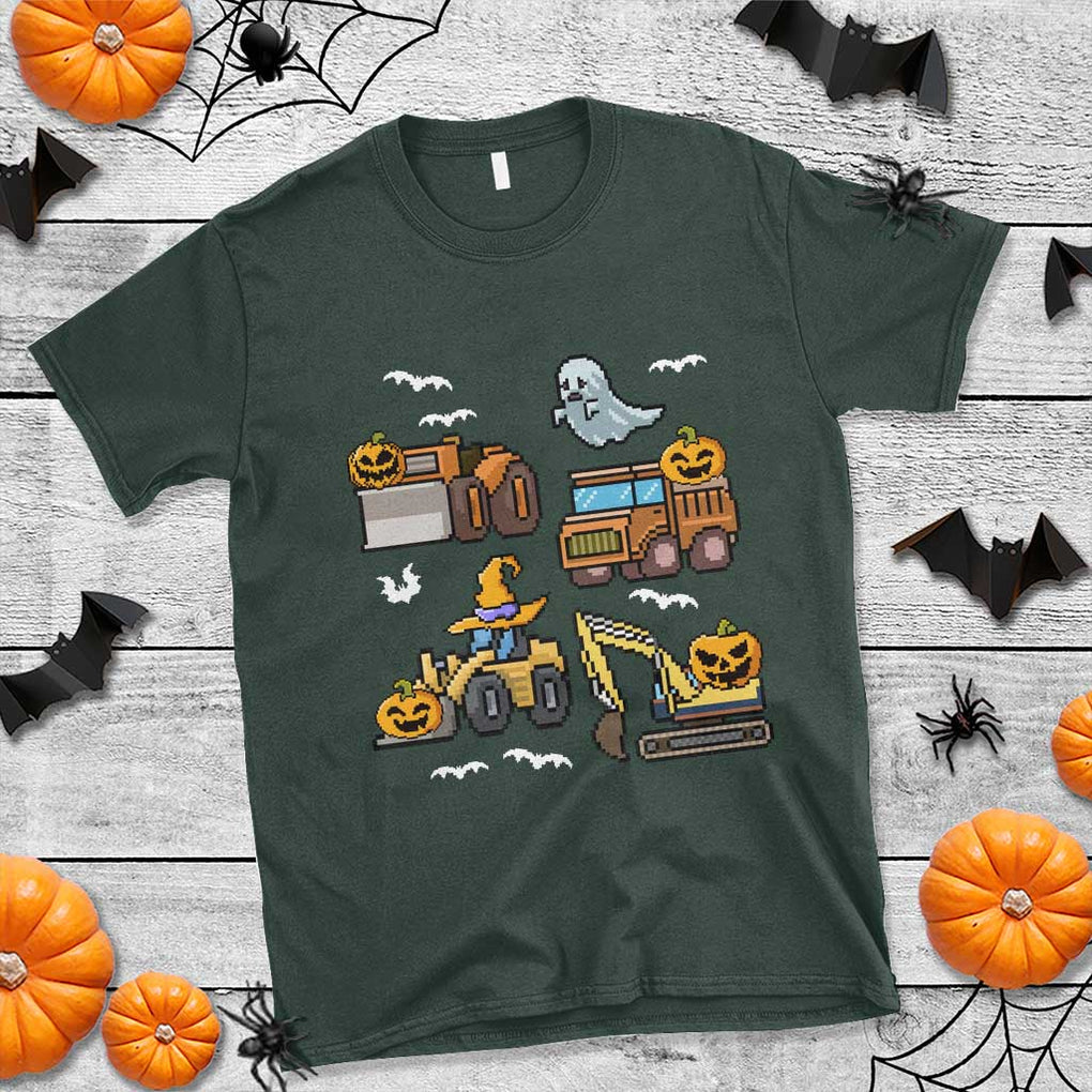 Funny Halloween T Shirt Spooky Construction Trucks Pumpkin Ghost Pixel TS11 Dark Forest Green Print Your Wear