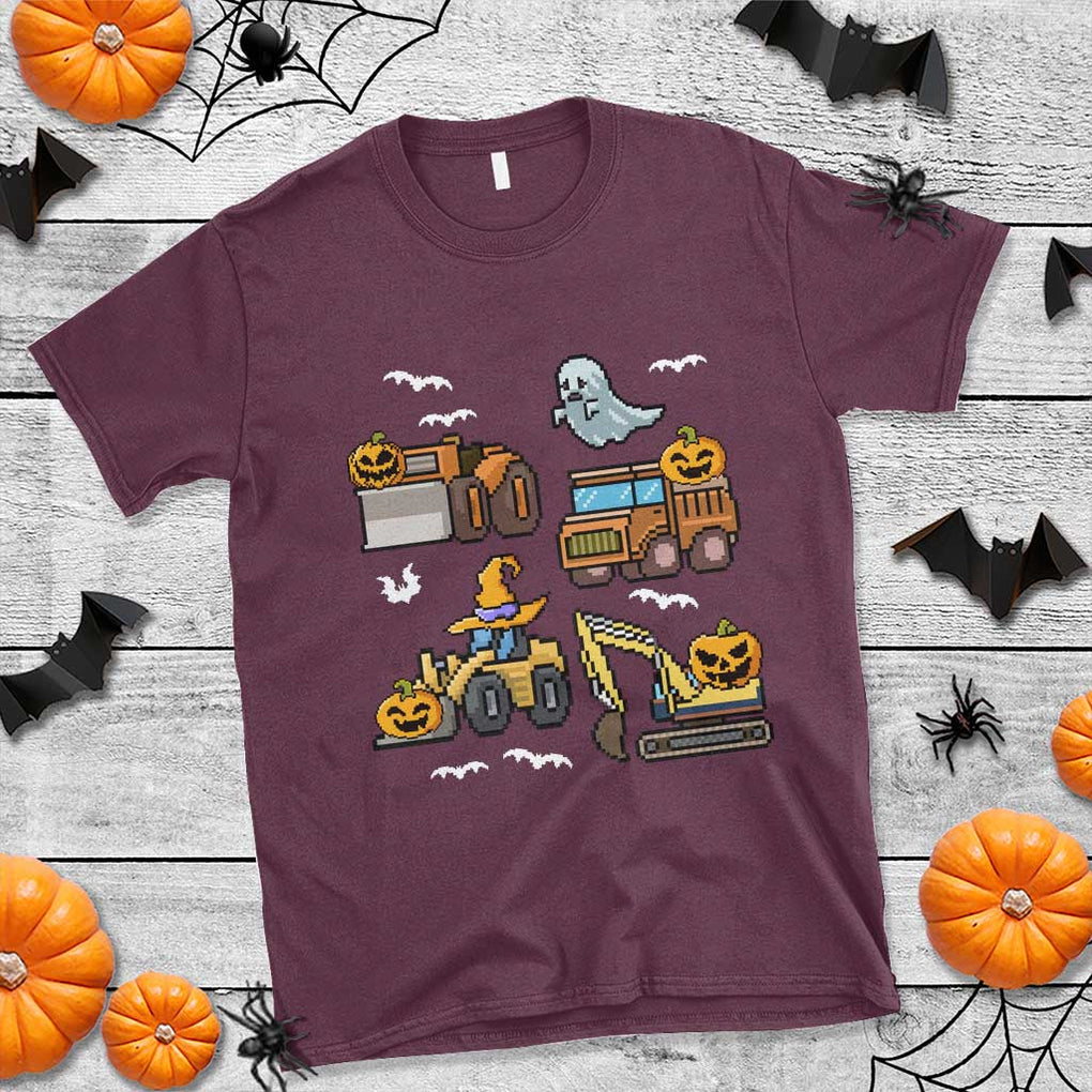 Funny Halloween T Shirt Spooky Construction Trucks Pumpkin Ghost Pixel TS11 Maroon Print Your Wear