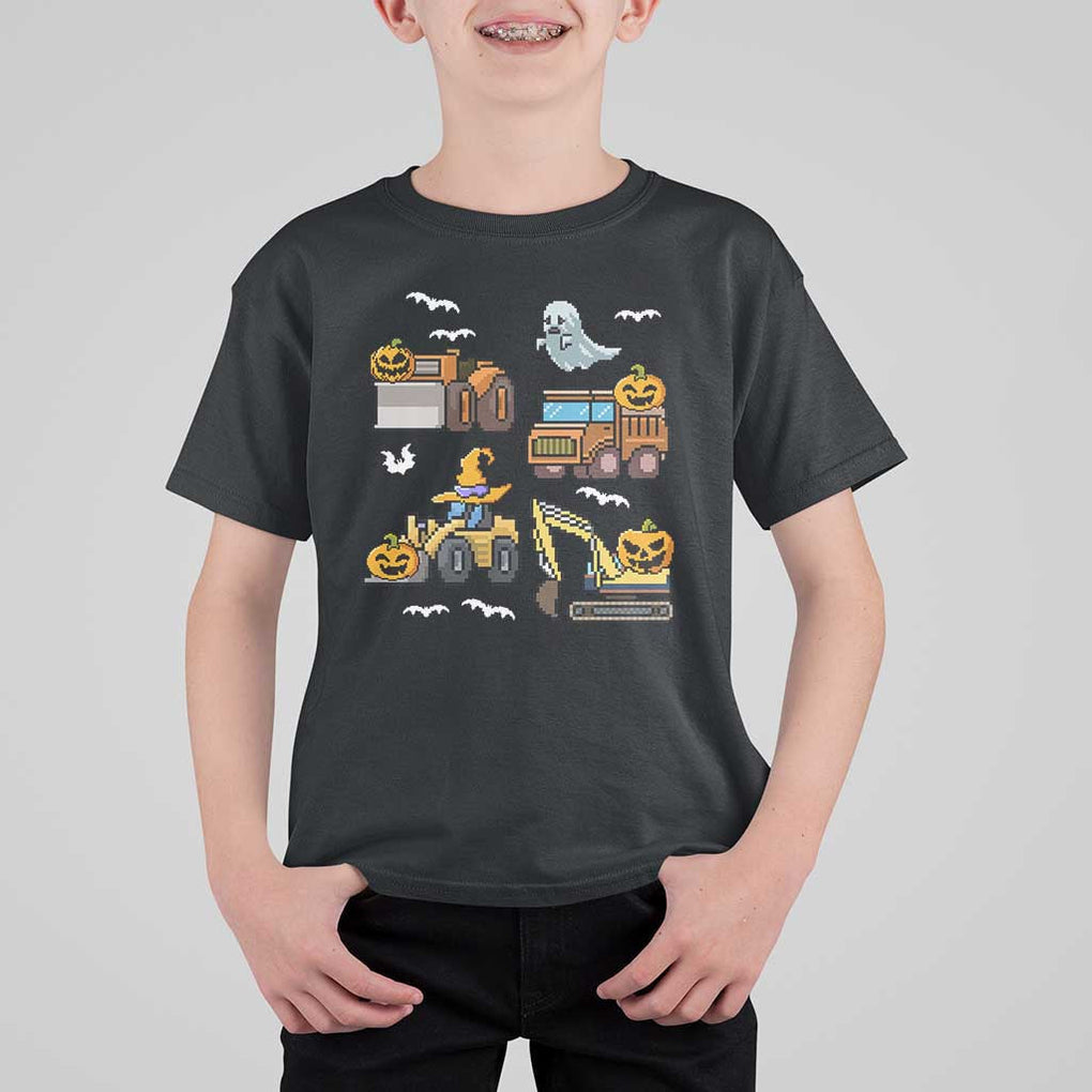 Funny Halloween T Shirt For Kid Spooky Construction Trucks Pumpkin Ghost Pixel TS11 Black Print Your Wear