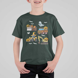 Funny Halloween T Shirt For Kid Spooky Construction Trucks Pumpkin Ghost Pixel TS11 Dark Forest Green Print Your Wear