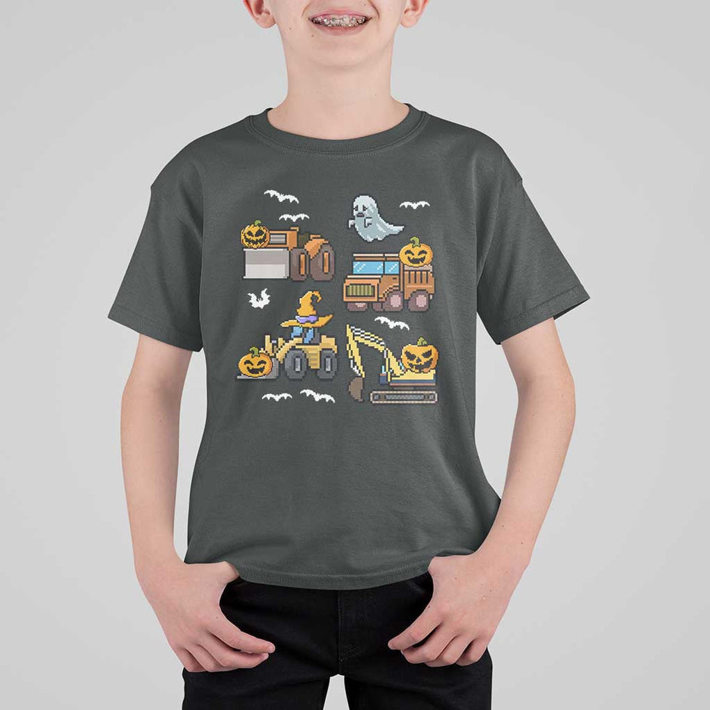 Funny Halloween T Shirt For Kid Spooky Construction Trucks Pumpkin Ghost Pixel TS11 Dark Heather Print Your Wear