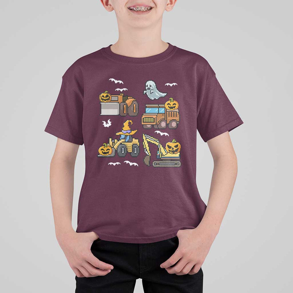 Funny Halloween T Shirt For Kid Spooky Construction Trucks Pumpkin Ghost Pixel TS11 Maroon Print Your Wear