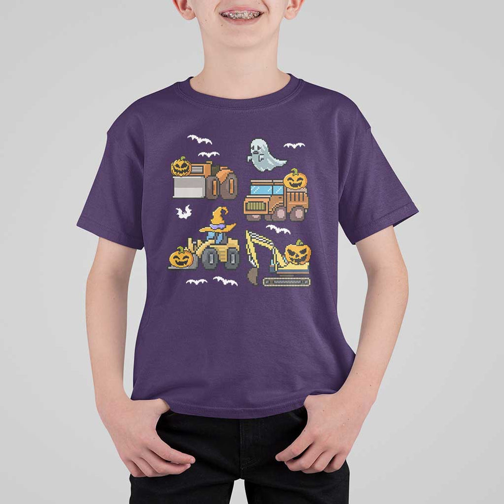 Funny Halloween T Shirt For Kid Spooky Construction Trucks Pumpkin Ghost Pixel TS11 Purple Print Your Wear