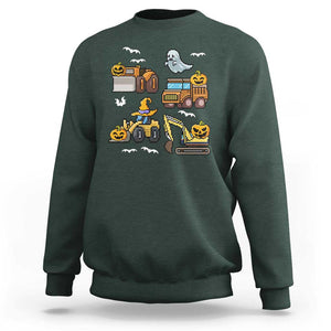 Funny Halloween Sweatshirt Spooky Construction Trucks Pumpkin Ghost Pixel TS11 Dark Forest Green Print Your Wear