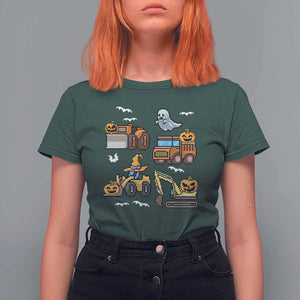 Funny Halloween T Shirt For Women Spooky Construction Trucks Pumpkin Ghost Pixel TS11 Dark Forest Green Print Your Wear