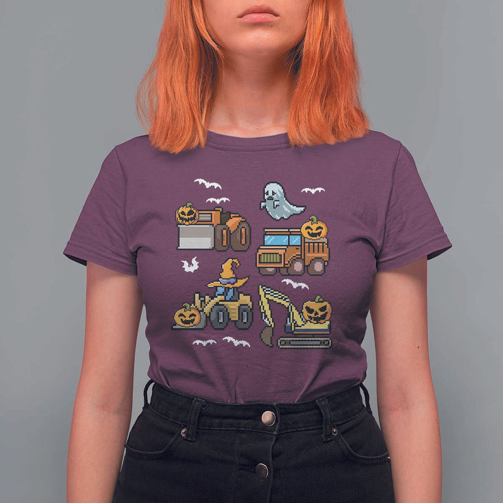 Funny Halloween T Shirt For Women Spooky Construction Trucks Pumpkin Ghost Pixel TS11 Maroon Print Your Wear