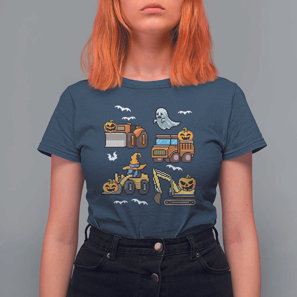 Funny Halloween T Shirt For Women Spooky Construction Trucks Pumpkin Ghost Pixel TS11 Navy Print Your Wear