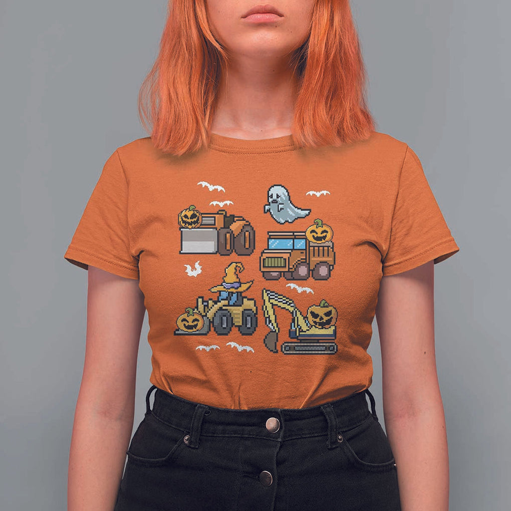Funny Halloween T Shirt For Women Spooky Construction Trucks Pumpkin Ghost Pixel TS11 Orange Print Your Wear