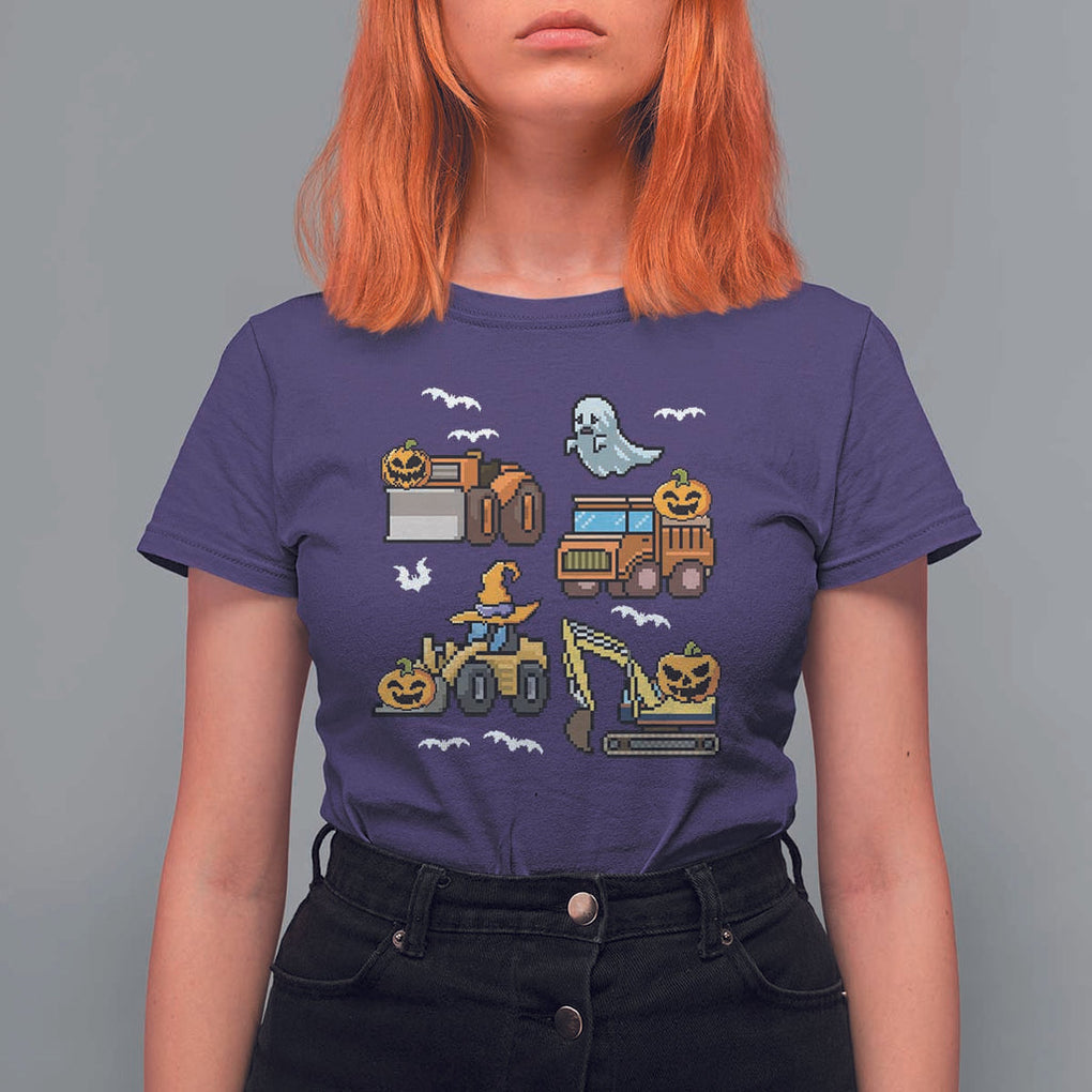 Funny Halloween T Shirt For Women Spooky Construction Trucks Pumpkin Ghost Pixel TS11 Purple Print Your Wear