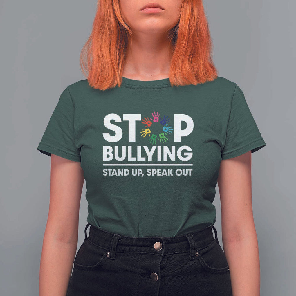 Unity Day T Shirt For Women Stop Bullying Stand Up Speak Out Hand Prints Anti Bullying Awareness TS11 Dark Forest Green Print Your Wear