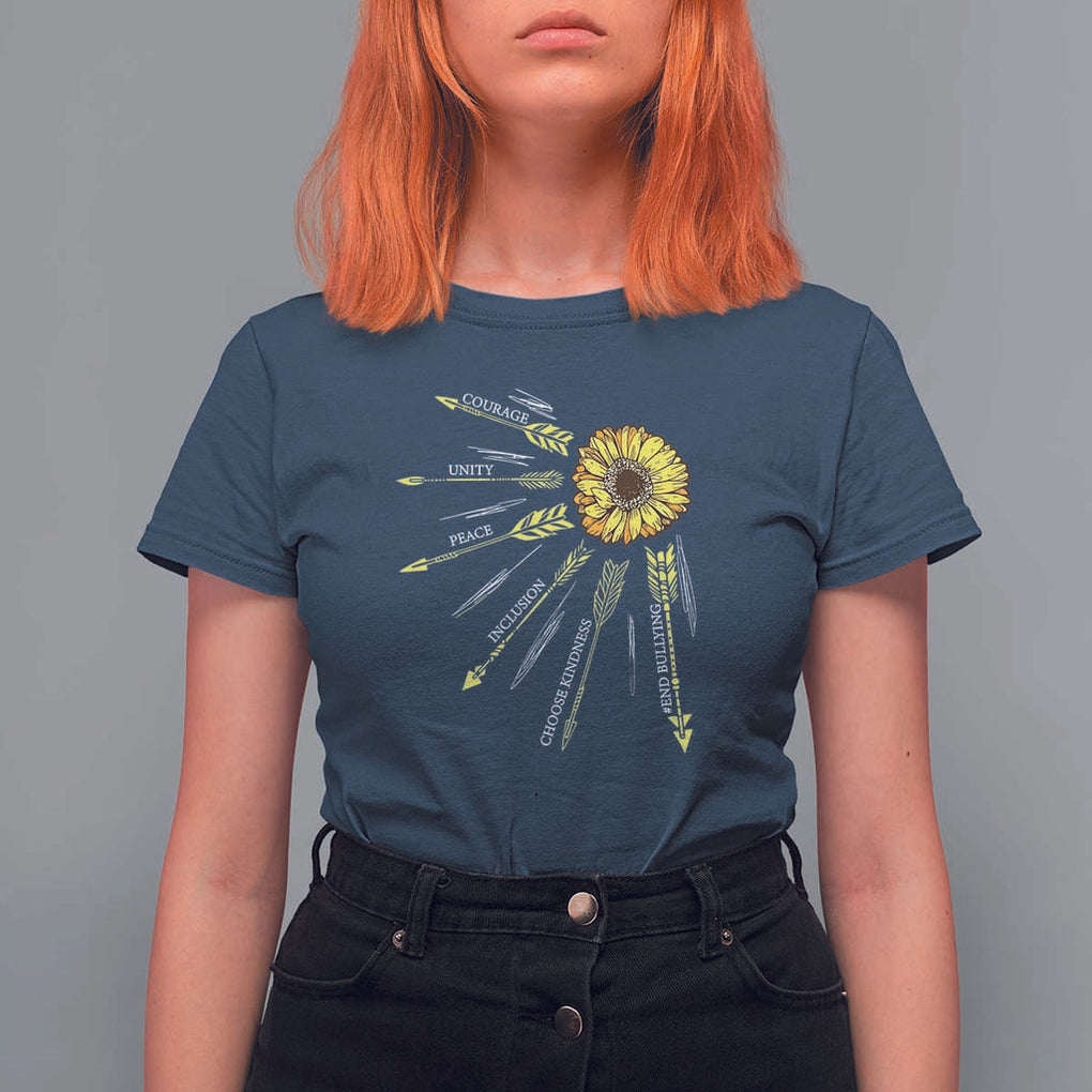 Anti Bullying Awareness T Shirt For Women Courage Unity Peace Inclusion Choose Kindness Sunflower TS11 Navy Print Your Wear