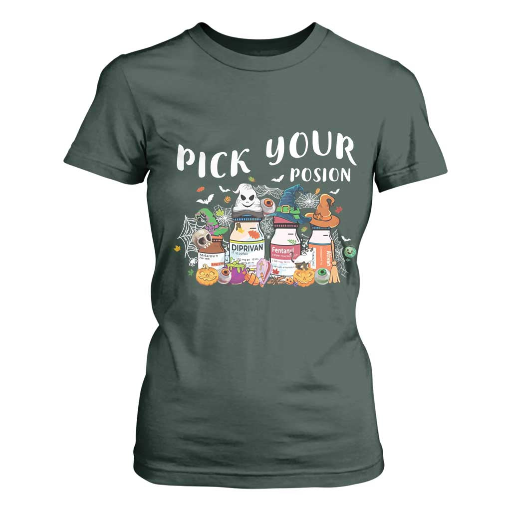 Halloween Nurse T Shirt For Women Pick Your Poison Pharmacy Witches TS11 Dark Forest Green Print Your Wear