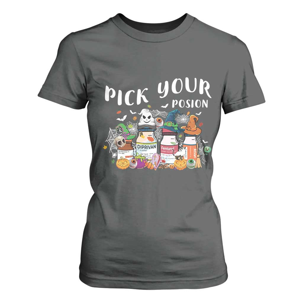 Halloween Nurse T Shirt For Women Pick Your Poison Pharmacy Witches TS11 Dark Heather Print Your Wear