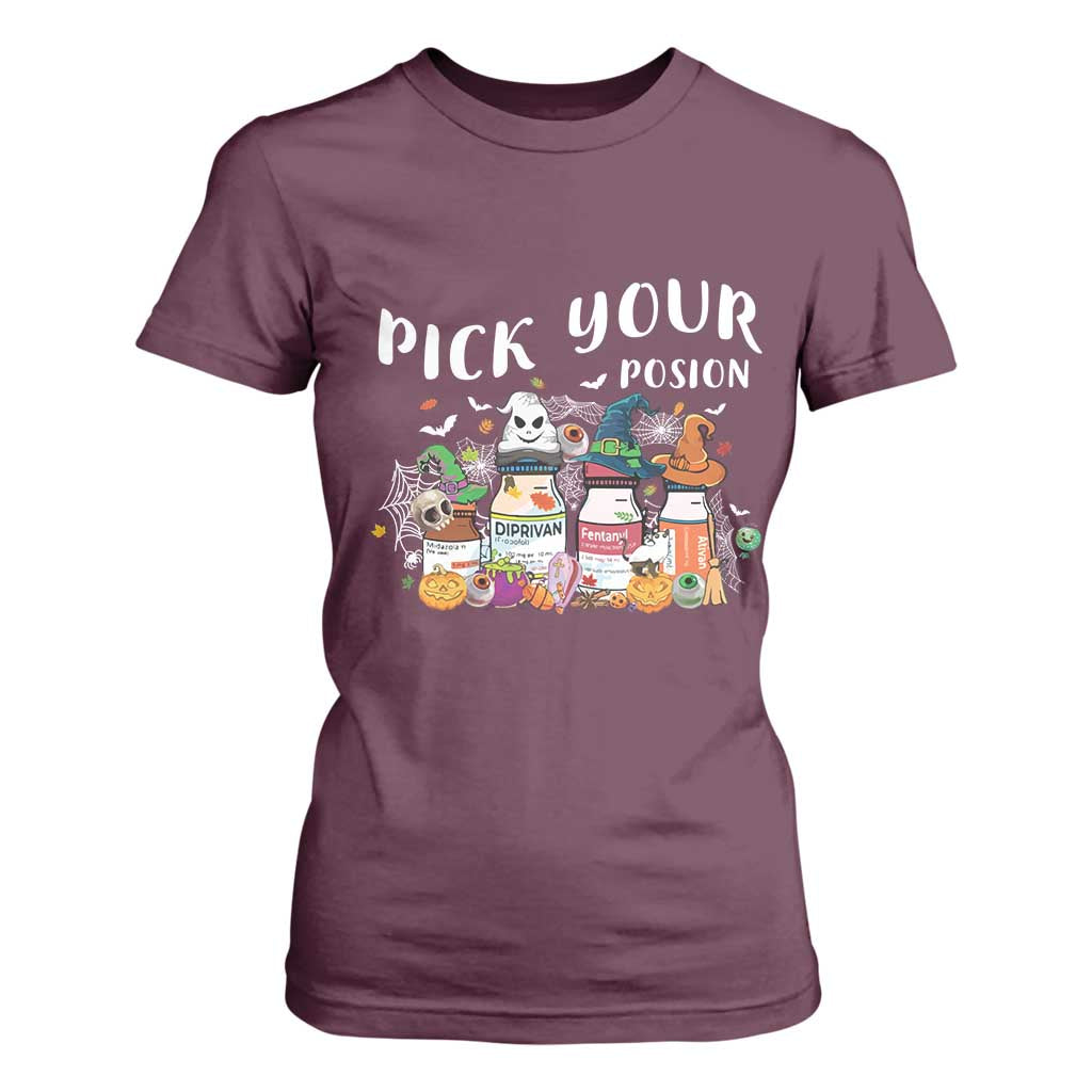 Halloween Nurse T Shirt For Women Pick Your Poison Pharmacy Witches TS11 Maroon Print Your Wear