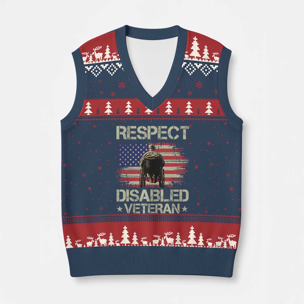 Respect Disabled Veteran V-Neck Knit Sweater Vest Military Soldier Vintage American Flag - Print Your Wear