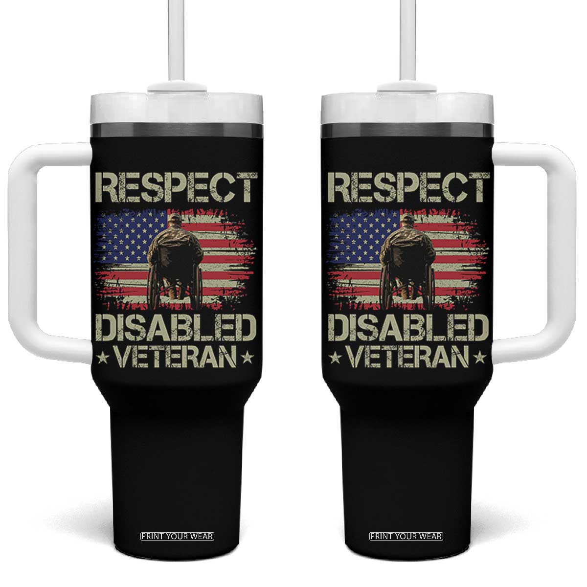Respect Disabled Veteran Tumbler With Handle Military Soldier Vintage American Flag TS11 One Size: 40 oz Black Print Your Wear
