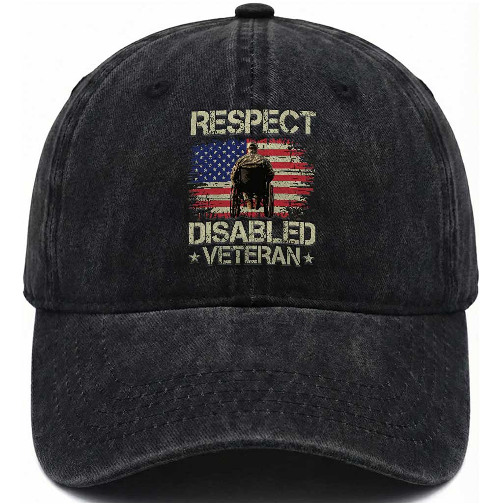 Respect Disabled Veteran Washed Cotton Baseball Cap Military Soldier Vintage American Flag TS11 Washed Cap Universal Fit Black Print Your Wear