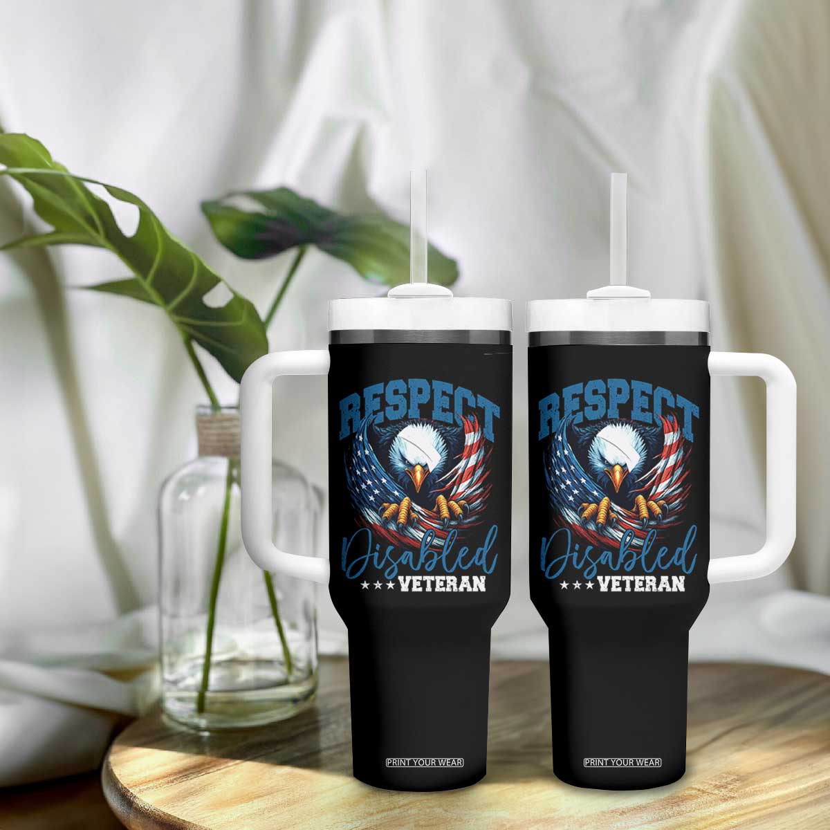 Respect Disabled Veteran Tumbler With Handle Military Soldier American Flag Bald Eagle TS11 Print Your Wear