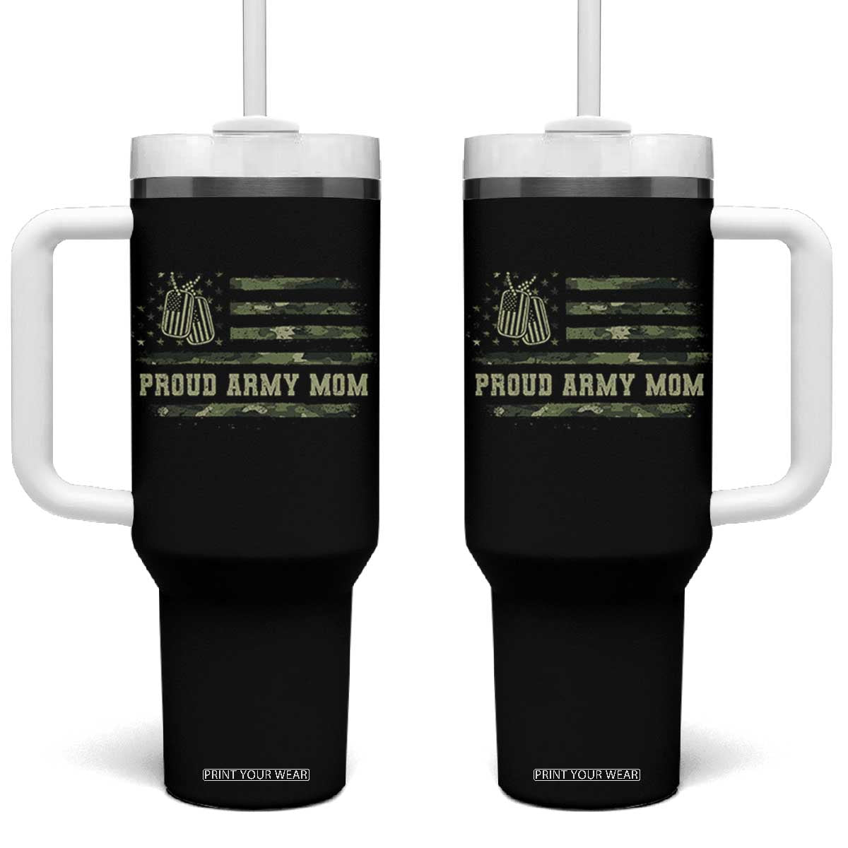 Proud Army Mom Tumbler With Handle Vintage Camo American Flag Veteran Mother's Day TS11 One Size: 40 oz Black Print Your Wear