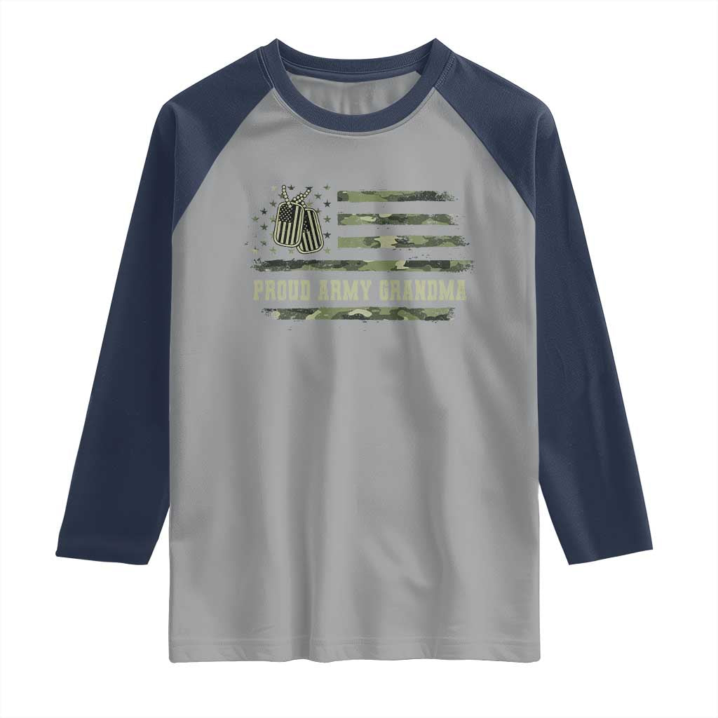 Proud Army Grandma Raglan Shirt Vintage Camo American Flag Veteran TS11 Sport Gray Navy Print Your Wear