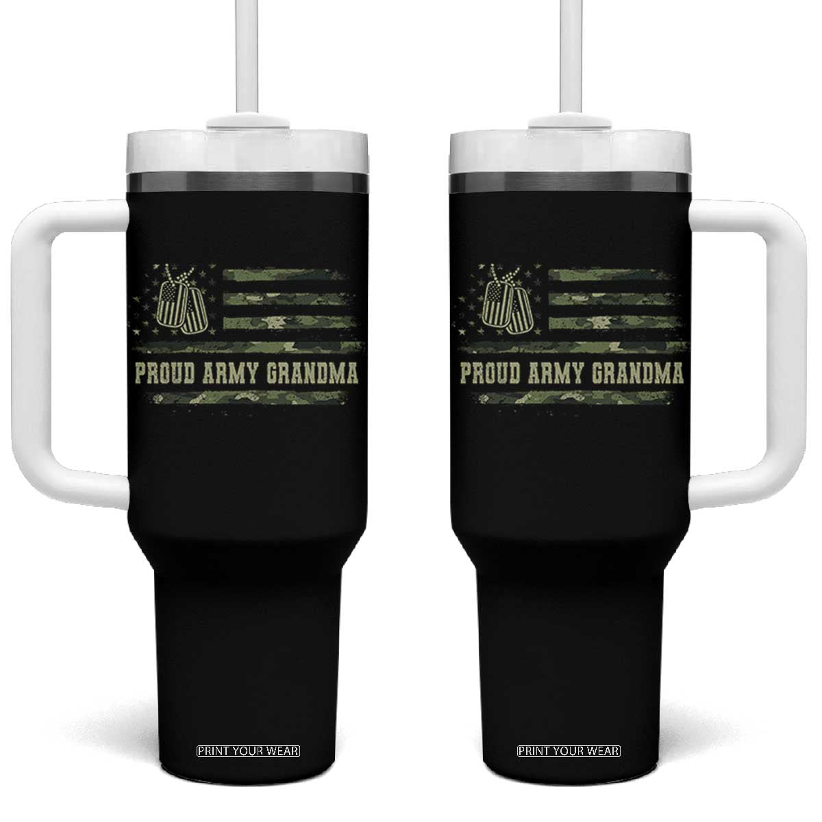 Proud Army Grandma Tumbler With Handle Vintage Camo American Flag Veteran TS11 One Size: 40 oz Black Print Your Wear
