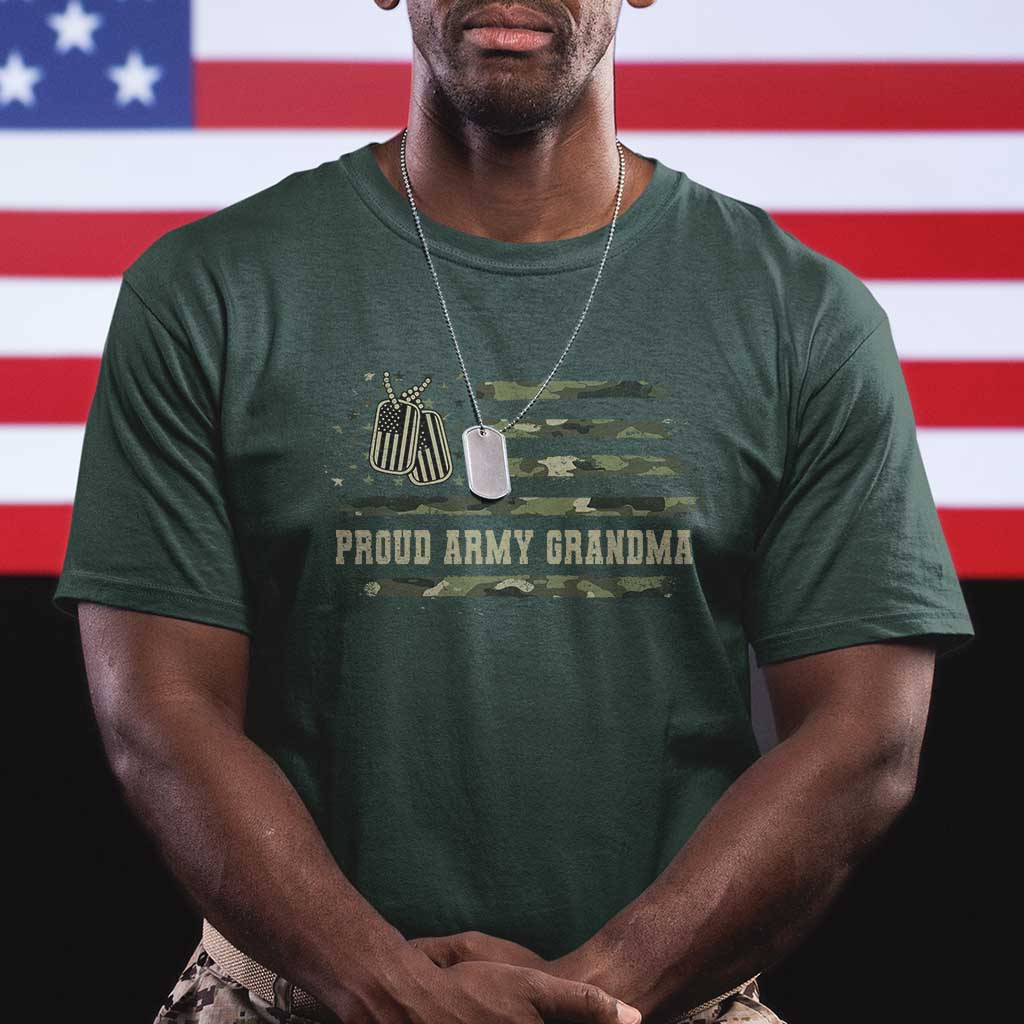 Proud Army Grandma T Shirt Vintage Camo American Flag Veteran TS11 Dark Forest Green Print Your Wear