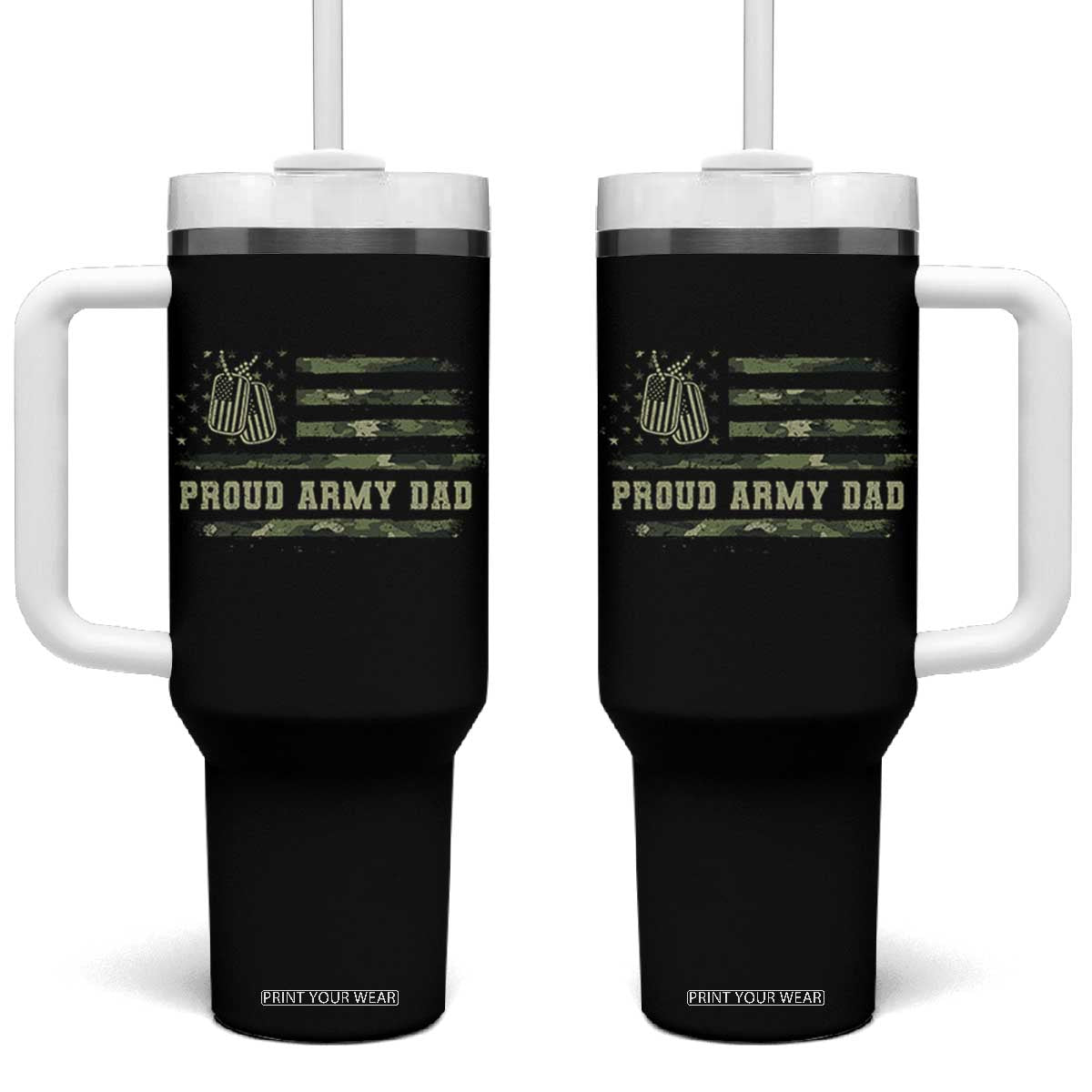 Proud Army Dad Tumbler With Handle Vintage Camo American Flag Veteran Father's Day TS11 One Size: 40 oz Black Print Your Wear
