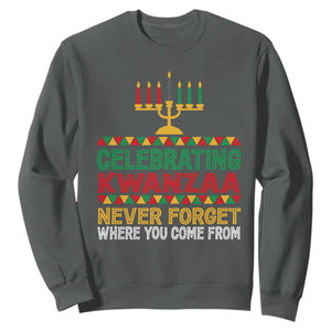 Celebrating Kwanzaa Never Forget Where You Come From Kinara Candle Sweatshirt TS11 Dark Heather Print Your Wear
