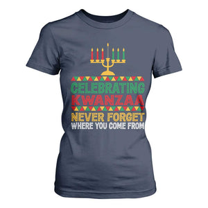 Celebrating Kwanzaa Never Forget Where You Come From Kinara Candle T Shirt For Women TS11 Navy Print Your Wear