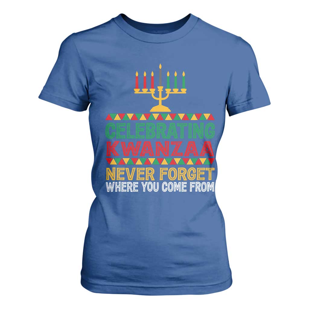 Celebrating Kwanzaa Never Forget Where You Come From Kinara Candle T Shirt For Women TS11 Royal Blue Print Your Wear