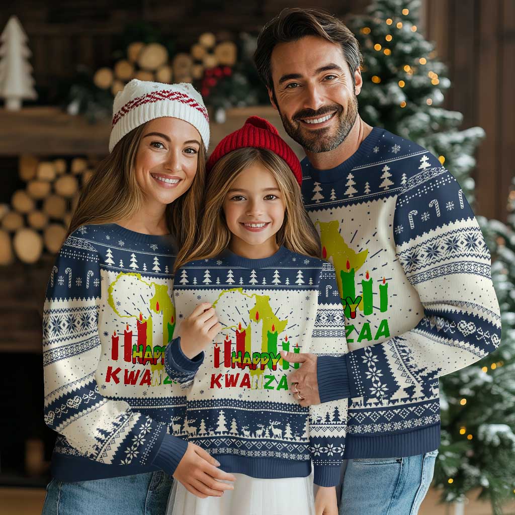 Happy Kwanzaa Ugly Christmas Sweater Black Holiday African American Christmas Kinara Candle TS11 Navy Print Your Wear