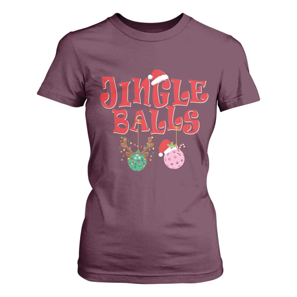 Funny Christmas Pickleball T Shirt For Women Jingle Balls Reindeer Santa Hat Ball TS11 Maroon Print Your Wear
