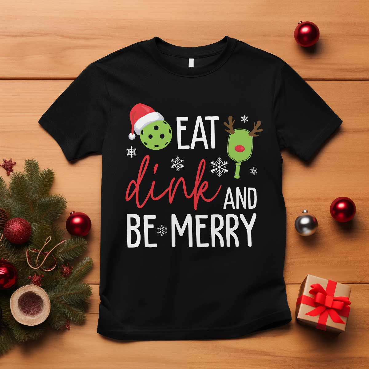 Funny Christmas Pickleball T Shirt Eat Dink And Be Merry TS11 Black Print Your Wear