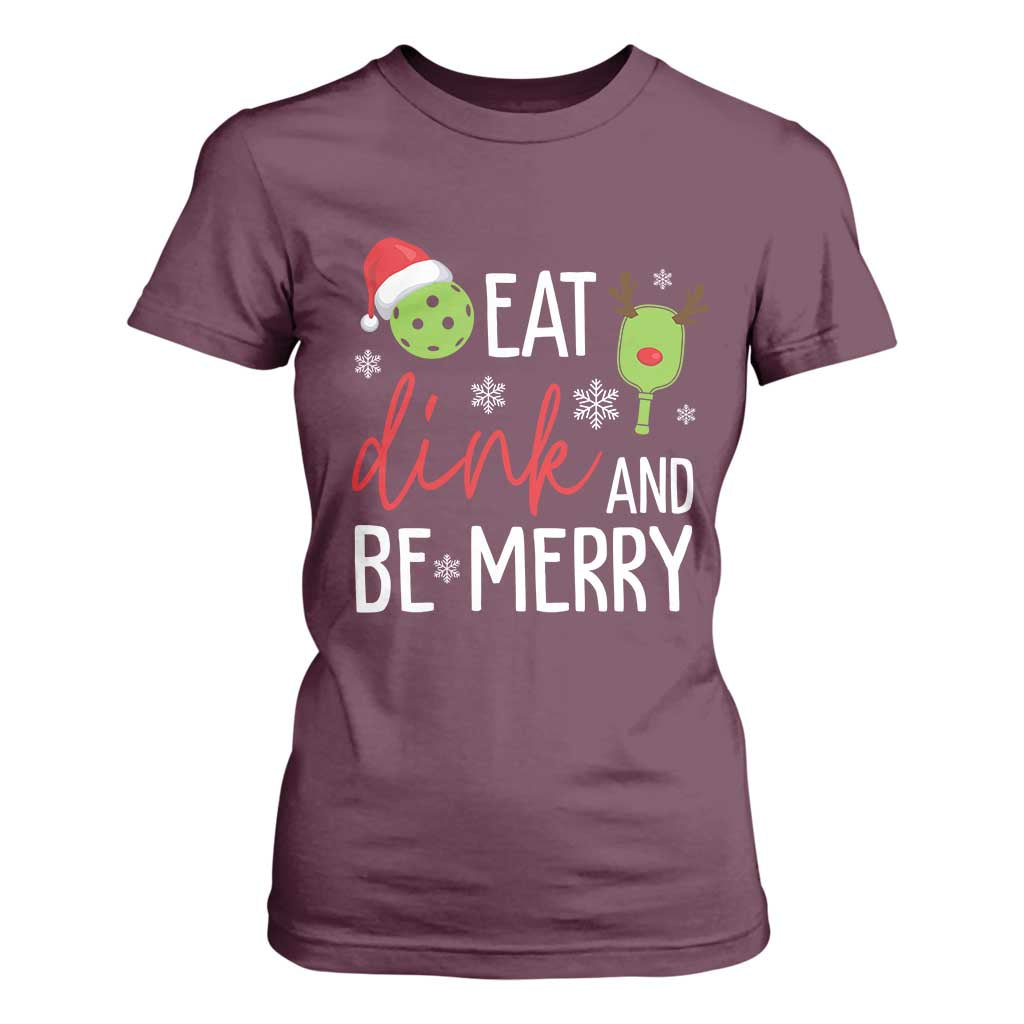 Funny Christmas Pickleball T Shirt For Women Eat Dink And Be Merry TS11 Maroon Print Your Wear