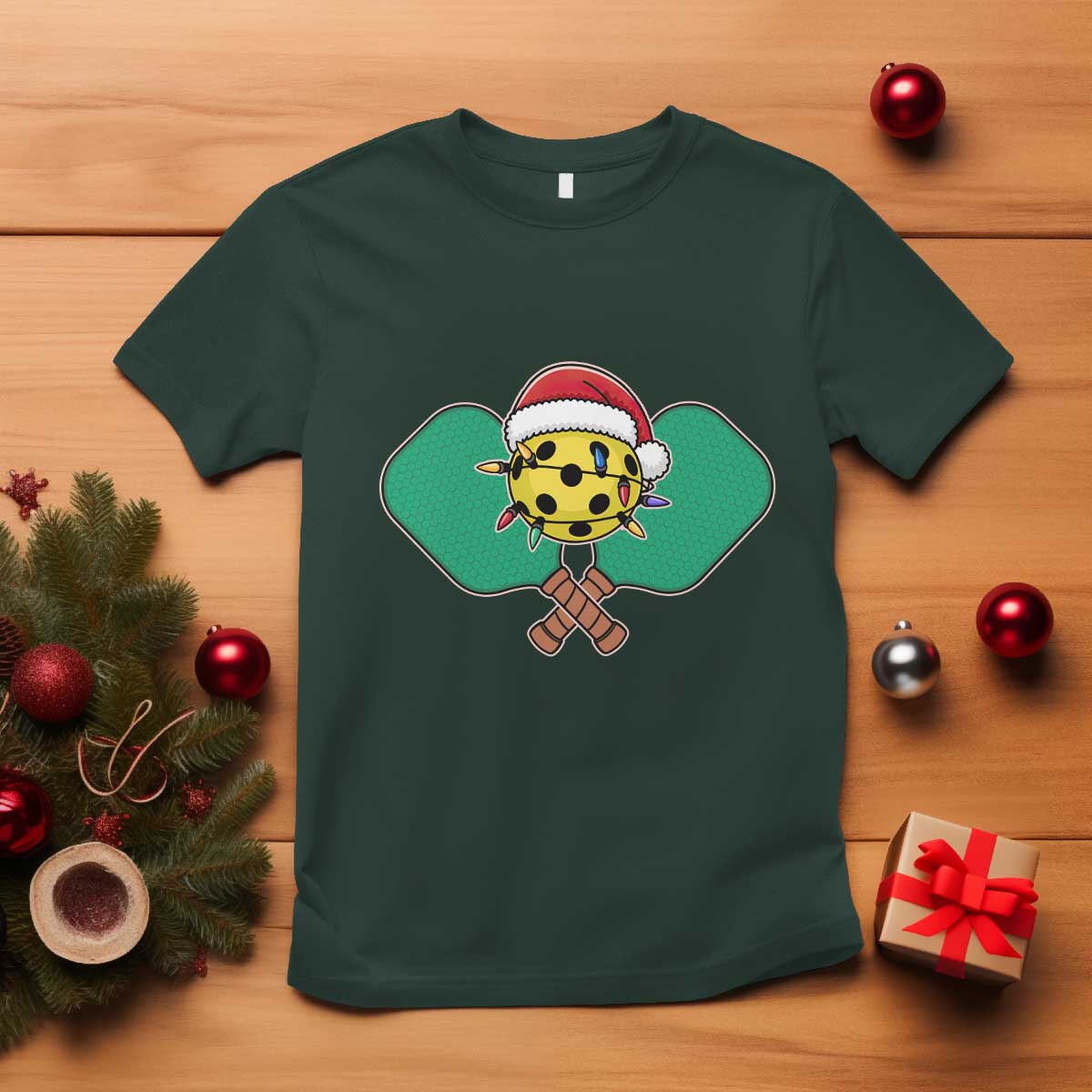 Funny Christmas Pickleball Holiday Santa Hat T Shirt TS11 Dark Forest Green Print Your Wear