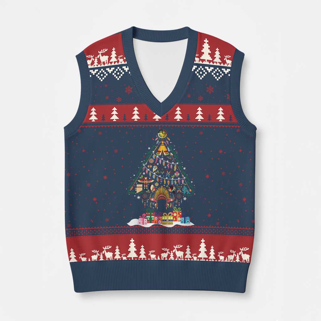 Funny Native American Xmas Tree Medicine Wheel V-Neck Knit Sweater Vest TS11 Navy Red Print Your Wear
