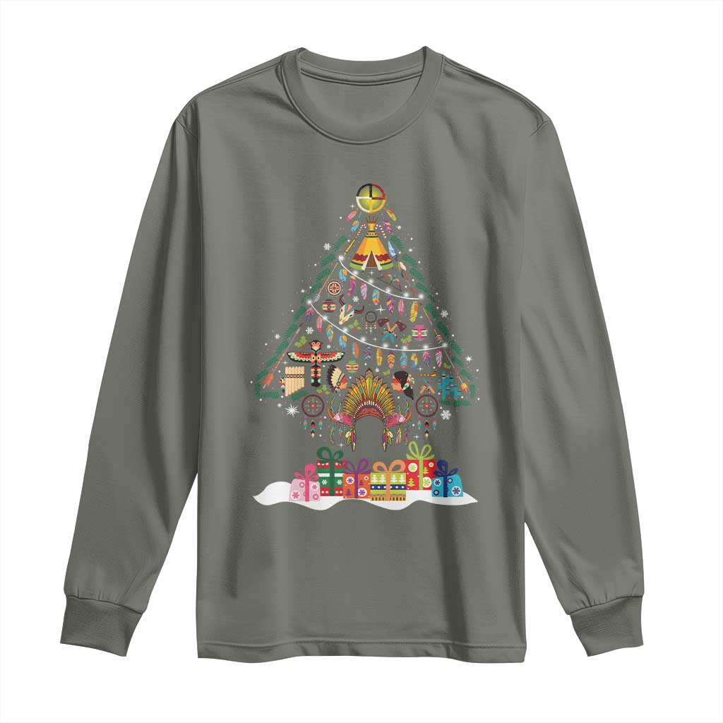 Funny Native American Christmas Tree Medicine Wheel Long Sleeve Shirt TS11 Military Green Print Your Wear