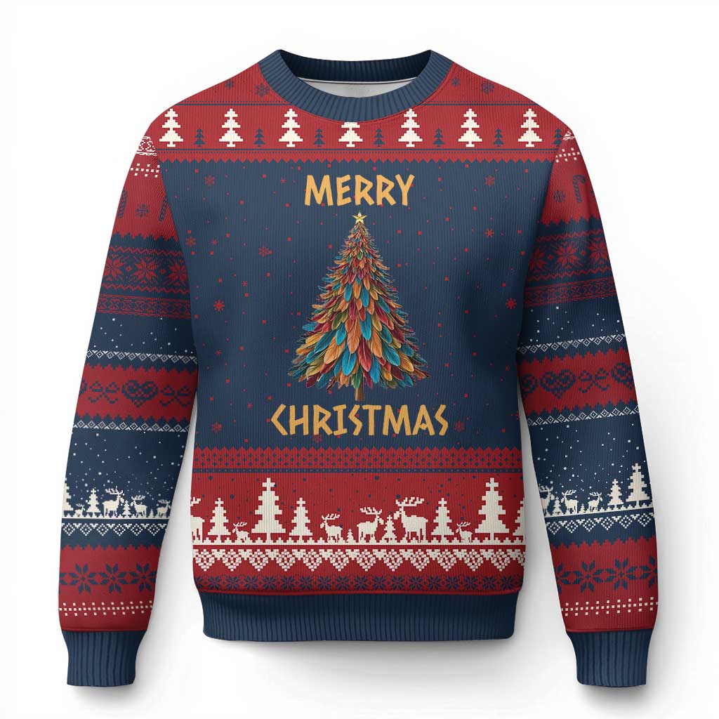 Funny Native American Eagle Feather Xmas Tree Ugly Christmas Sweater TS11 Navy Red Print Your Wear