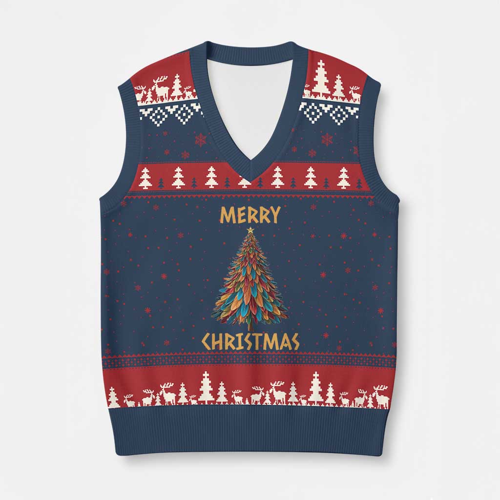 Funny Native American Eagle Feather Xmas Tree V-Neck Knit Sweater Vest TS11 Navy Red Print Your Wear