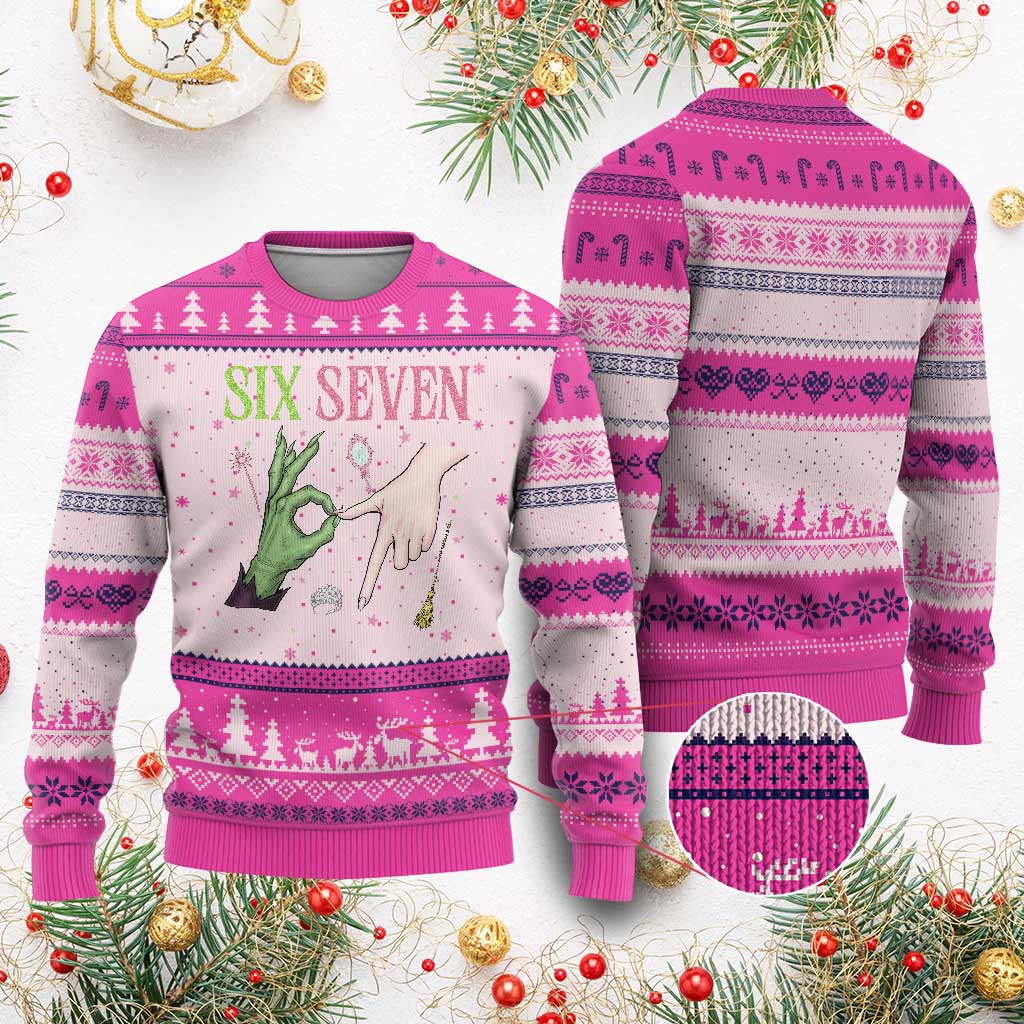 Funny Six Seven Witch Pink And Green Broomstick Magic Wand Ugly Christmas Sweater TS11 Hot Pink Print Your Wear
