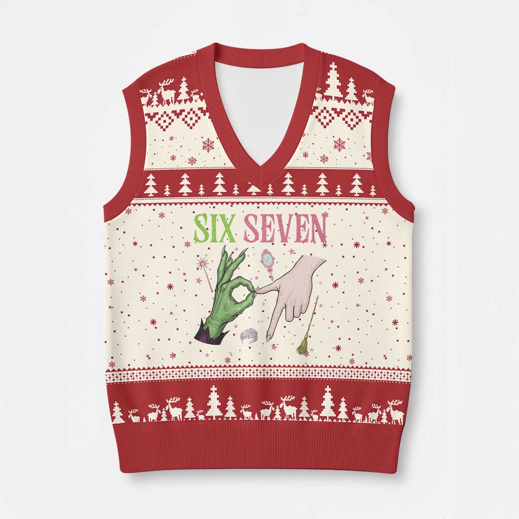 Funny Six Seven Witch Pink And Green Broomstick Magic Wand V-Neck Knit Sweater Vest TS11 Beige Red Print Your Wear