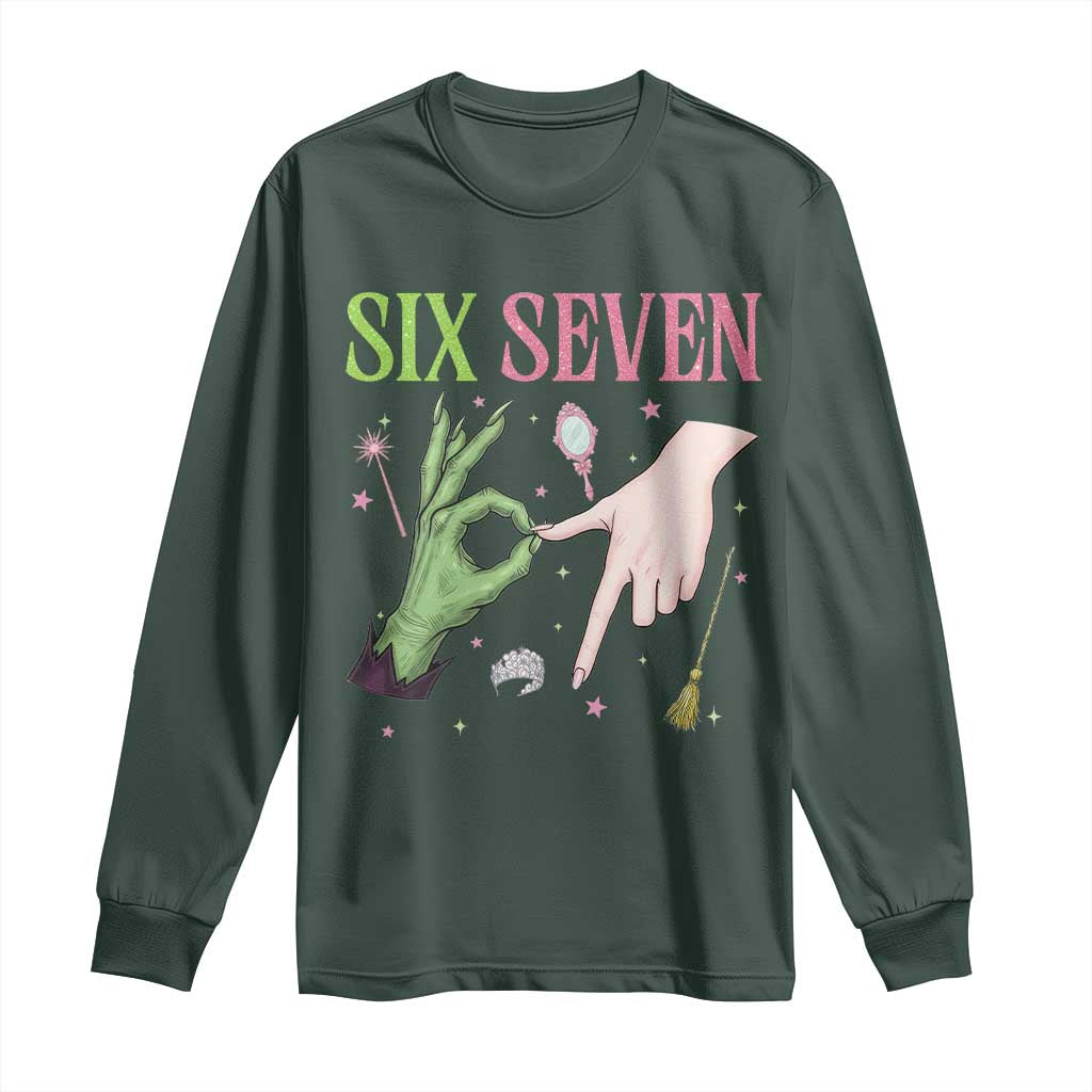 Funny Six Seven Witch Pink And Green Broomstick Magic Wand Long Sleeve Shirt TS11 Dark Forest Green Print Your Wear