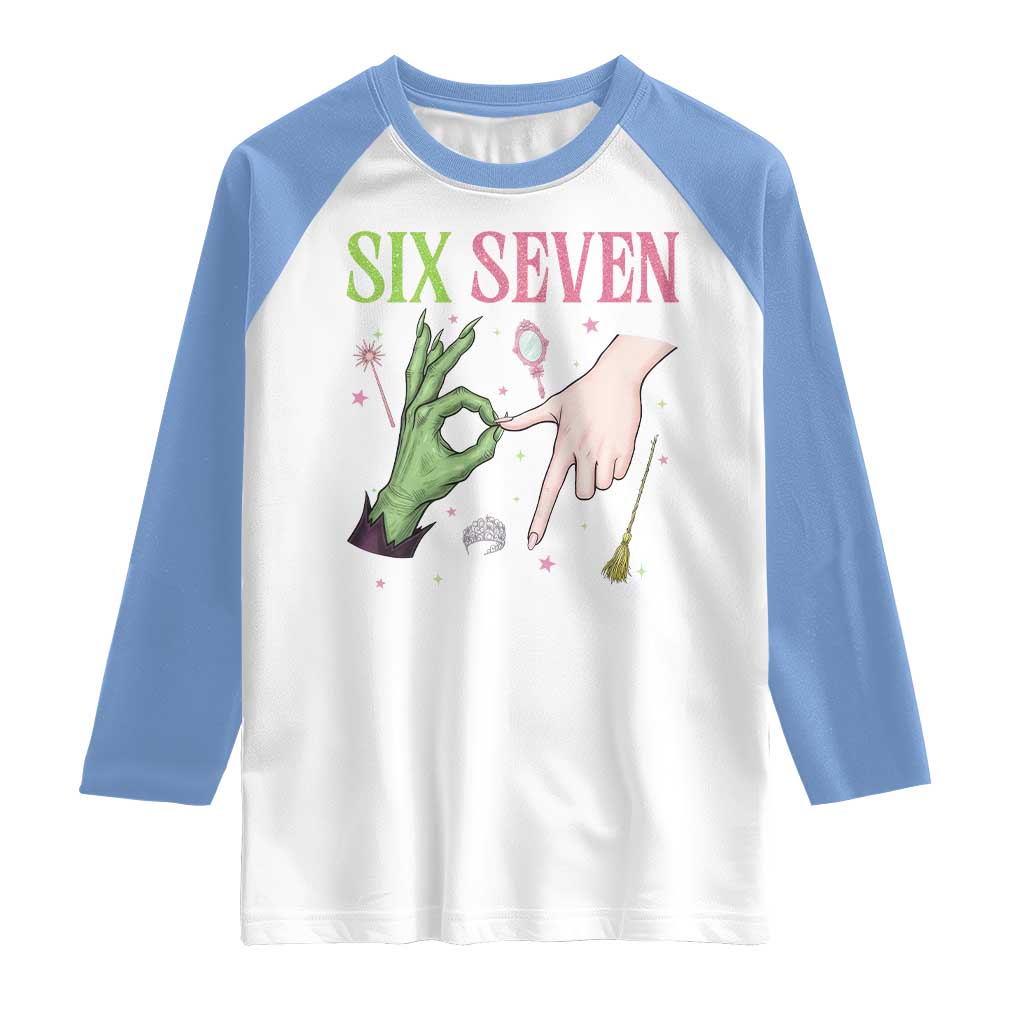 Funny Six Seven Witch Pink And Green Broomstick Magic Wand Raglan Shirt TS11 White Carolina Blue Print Your Wear