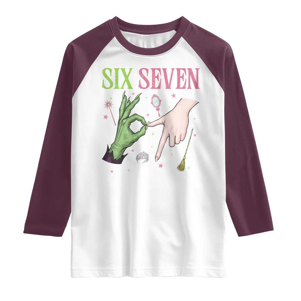 Funny Six Seven Witch Pink And Green Broomstick Magic Wand Raglan Shirt TS11 White Maroon Print Your Wear