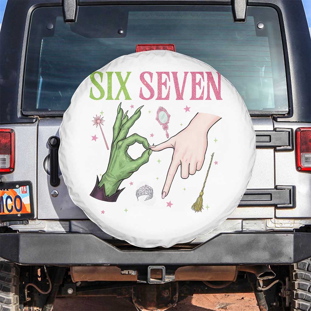 Funny Six Seven Witch Pink And Green Broomstick Magic Wand Spare Tire Cover TS11 No hole White Print Your Wear