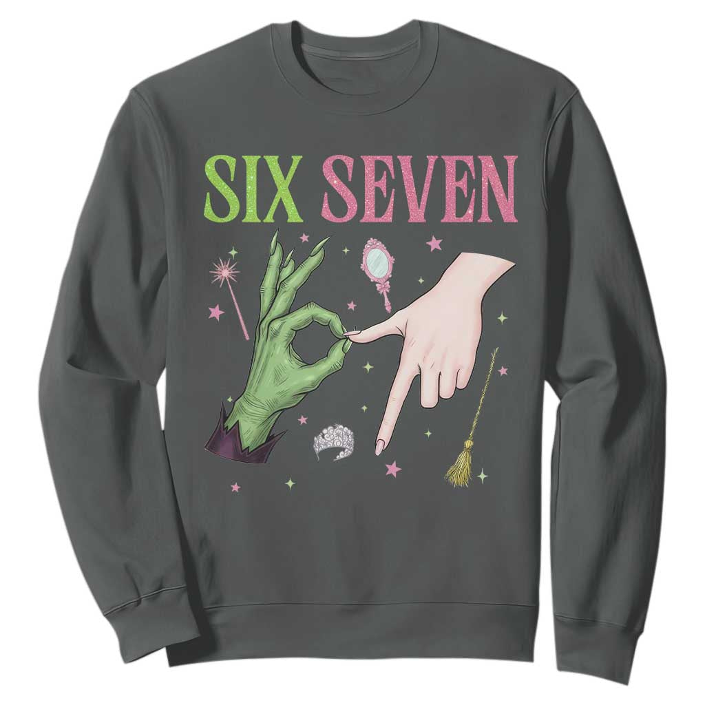Funny Six Seven Witch Pink And Green Broomstick Magic Wand Sweatshirt TS11 Dark Heather Print Your Wear