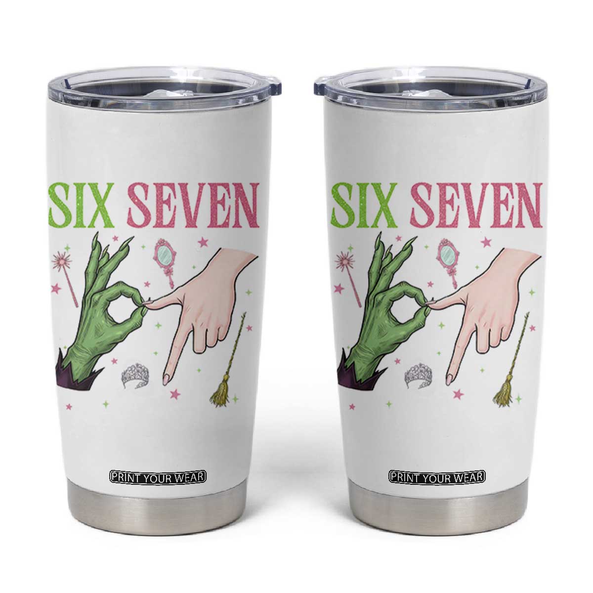 Funny Six Seven Witch Pink And Green Broomstick Magic Wand Tumbler Cup TS11 White Print Your Wear